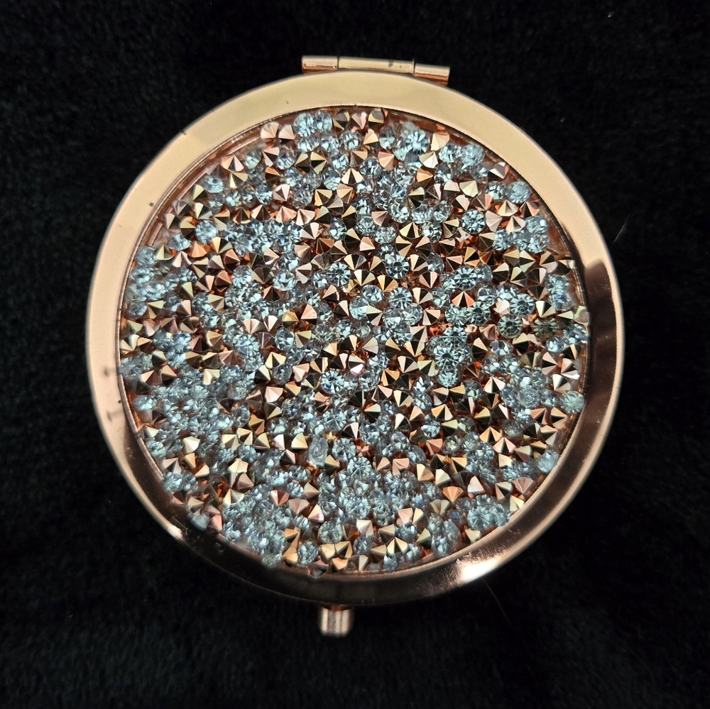 Purse Compact Mirror - Rose Gold Tone and White Crystals - Rose Gold Tone